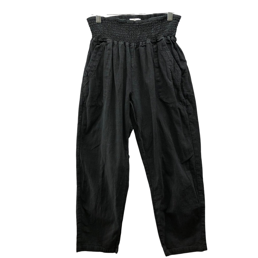 Enme Maternity 100% Linen Smocked Pants Womens L Black Pull On Ankle